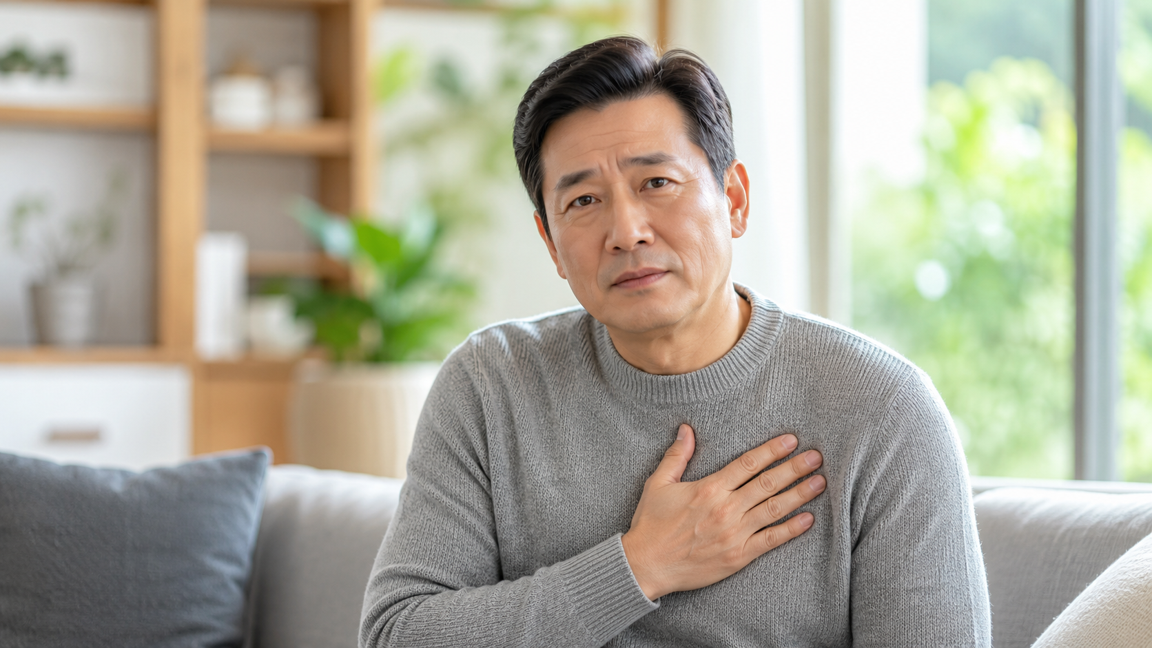 왼쪽 가슴 뻐근 통증으로 가슴을 짚고 있는 50대 중년 남성의 모습과 협심증 역류성 식도염 비교