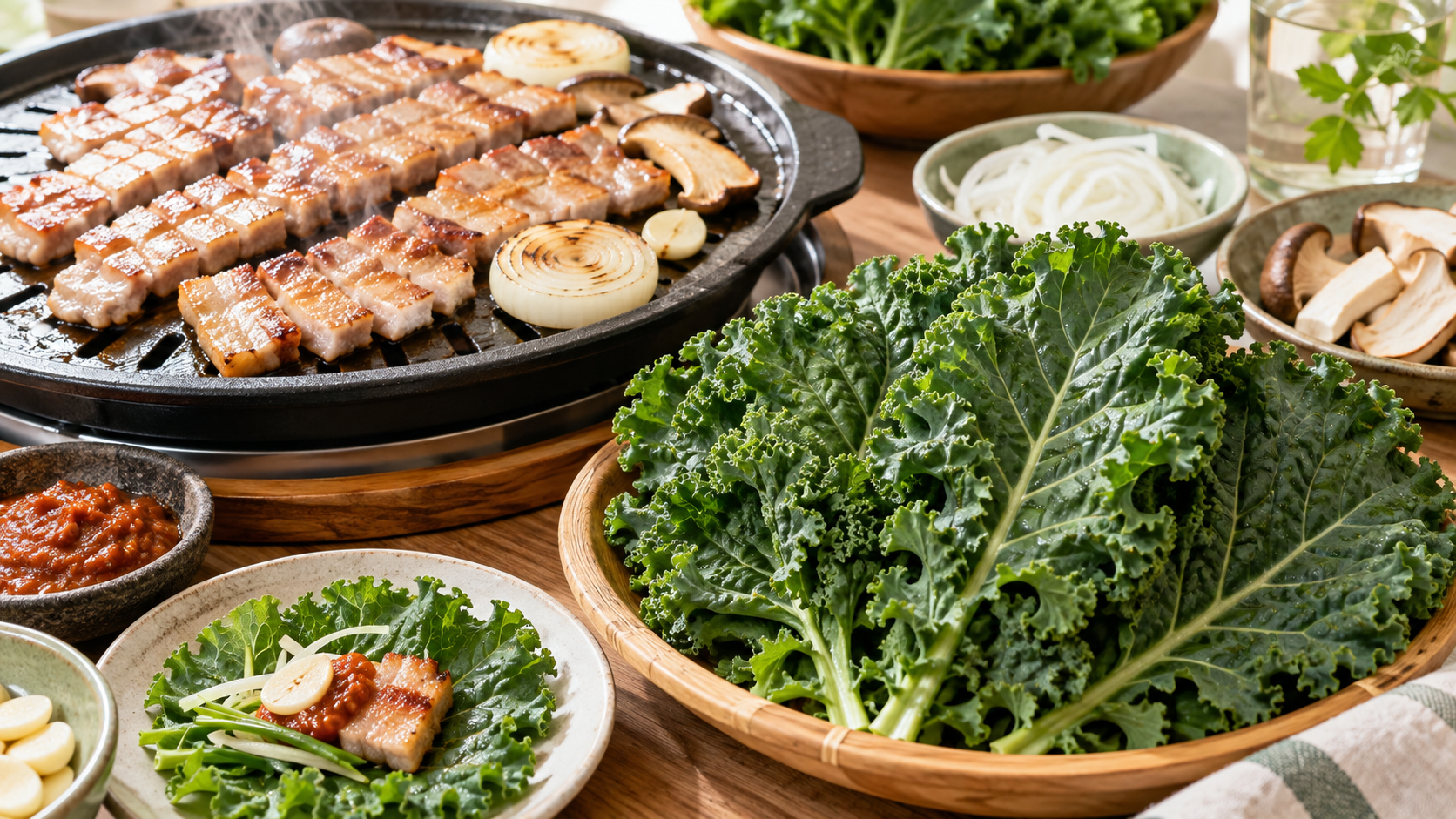 삼겹살 케일쌈을 위해 신선한 케일과 구운 삼겹살, 채소를 함께 차린 건강한 식사