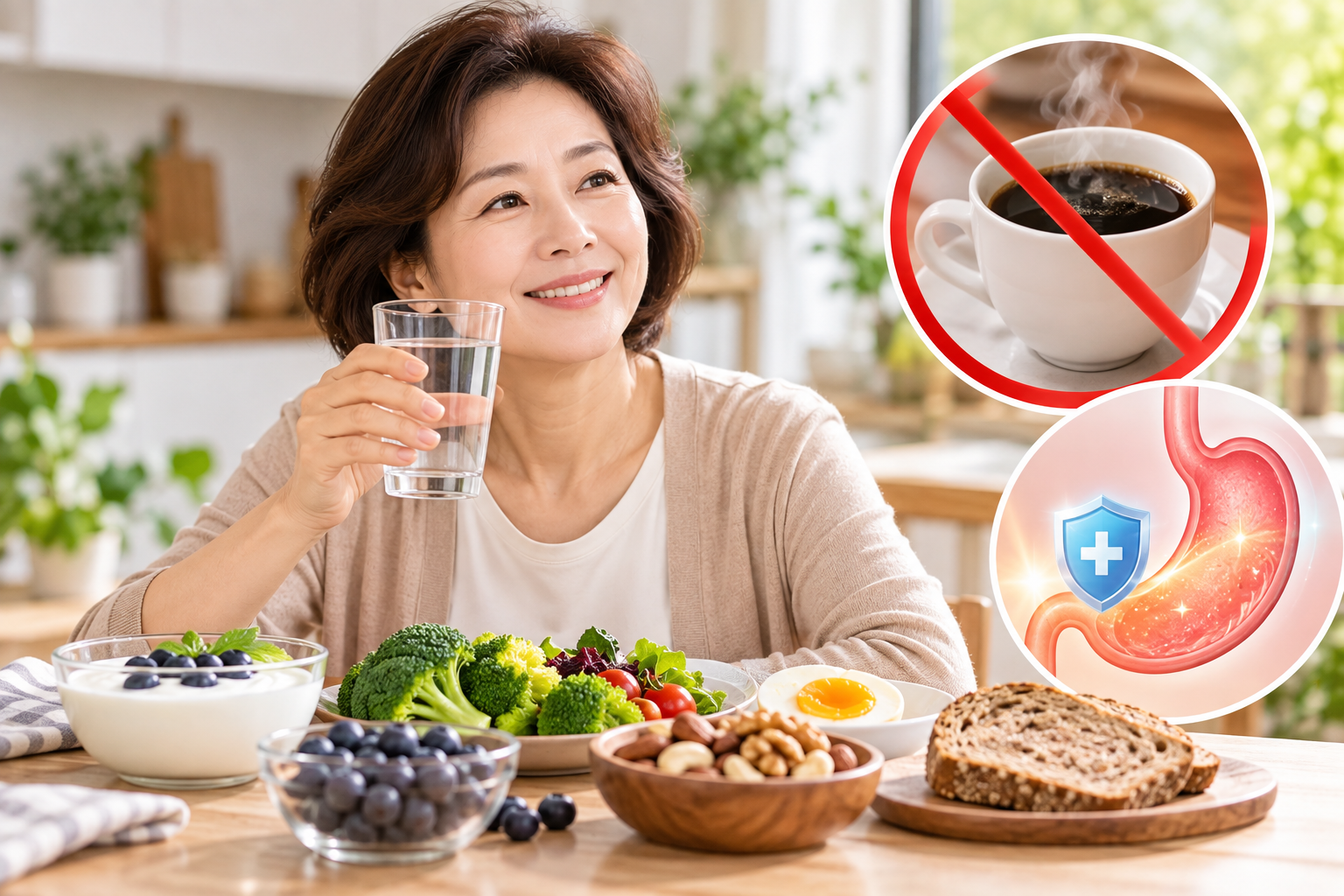 아침 공복 음식과 위 건강을 위해 물과 달걀, 브로콜리, 블루베리 등 균형 잡힌 아침 식사를 준비한 중년 여성