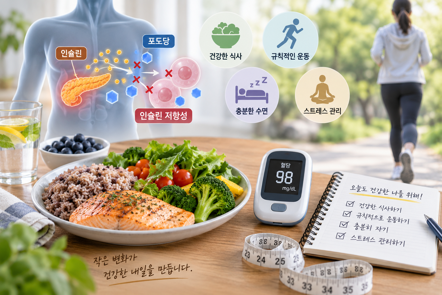 인슐린 저항성과 당뇨 초기증상 관리를 위한 건강 식단, 혈당 측정, 운동 습관 이미지