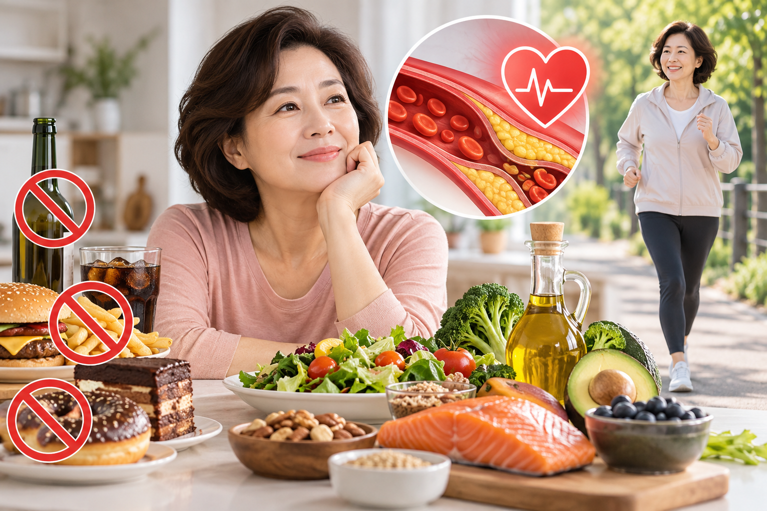 콜레스테롤 관리와 혈관 건강을 위해 불포화지방 식품과 채소를 챙기고 걷기 운동을 하는 중년 여성