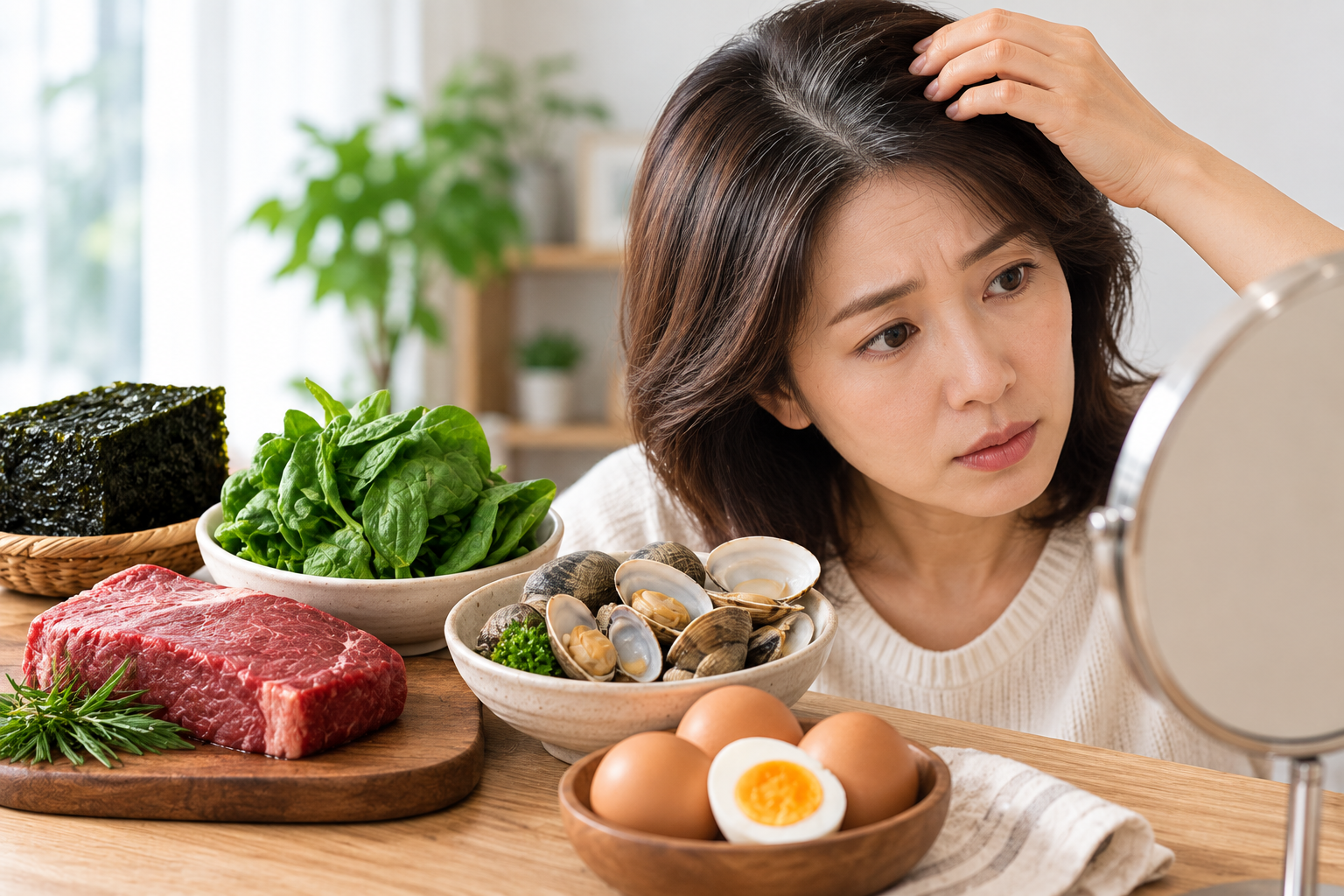 흰머리 음식으로 모발 건강을 관리하기 위해 영양 식품을 준비한 중년 여성