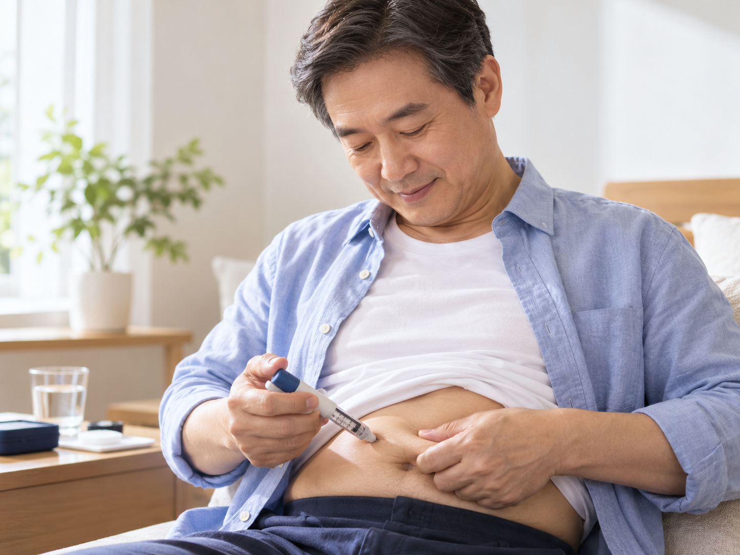 집에서 복부에 주 1회 인슐린 주사를 놓으며 당뇨를 관리하는 중년 남성