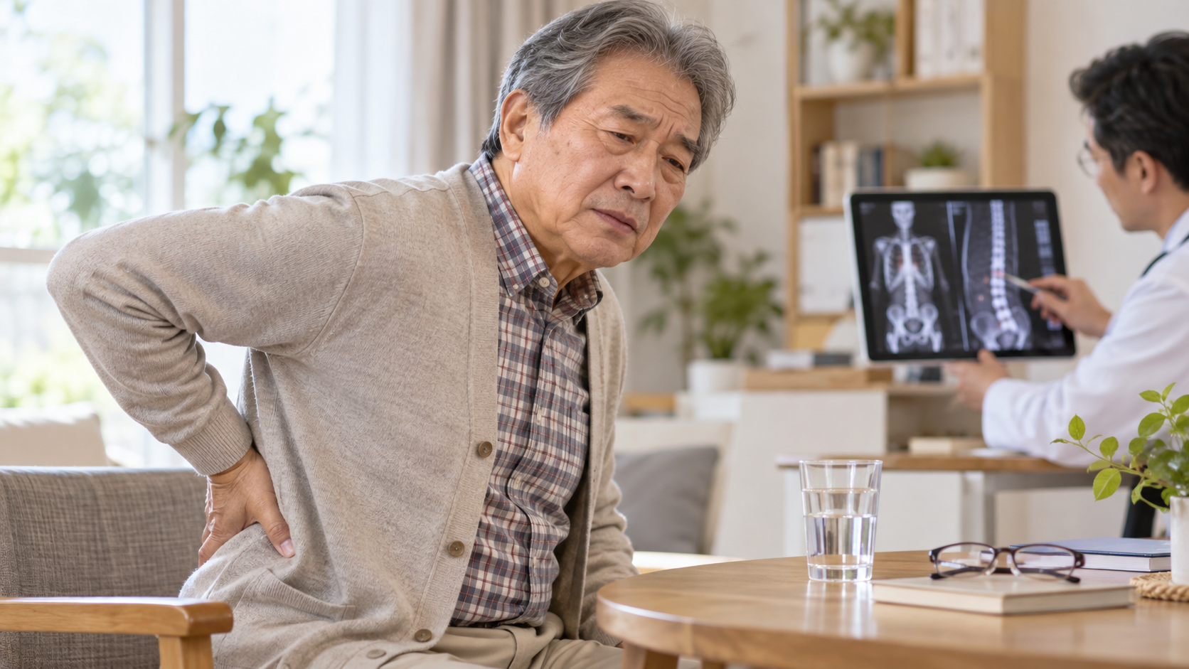 다발골수종 증상으로 나타날 수 있는 지속적인 허리 통증 때문에 의료진에게 척추 검사를 상담하는 중년 남성